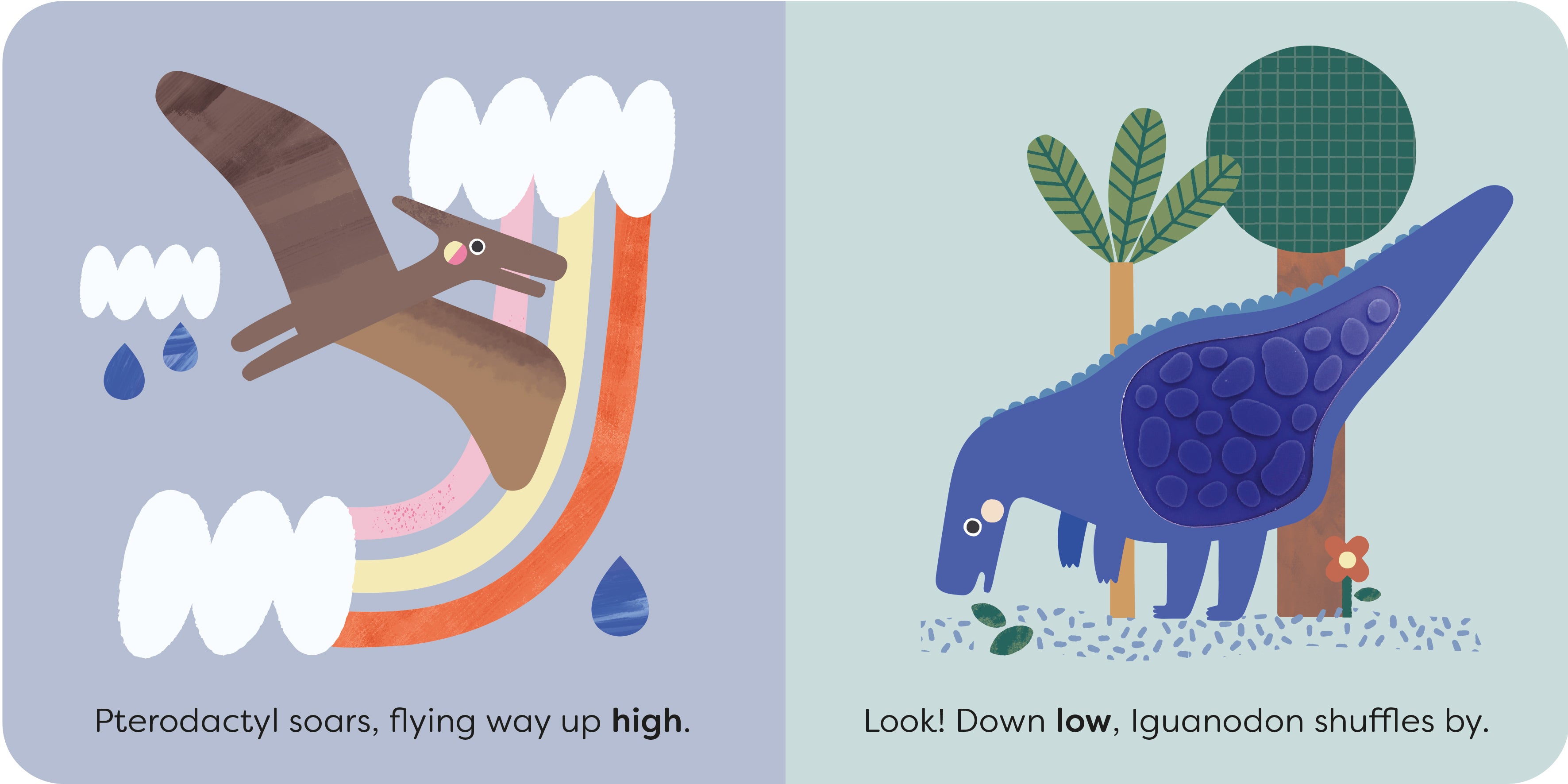 Illustration of a pterodactyl and an iguanodon with text on a blue background