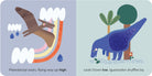 Illustration of a pterodactyl and an iguanodon with text on a blue background