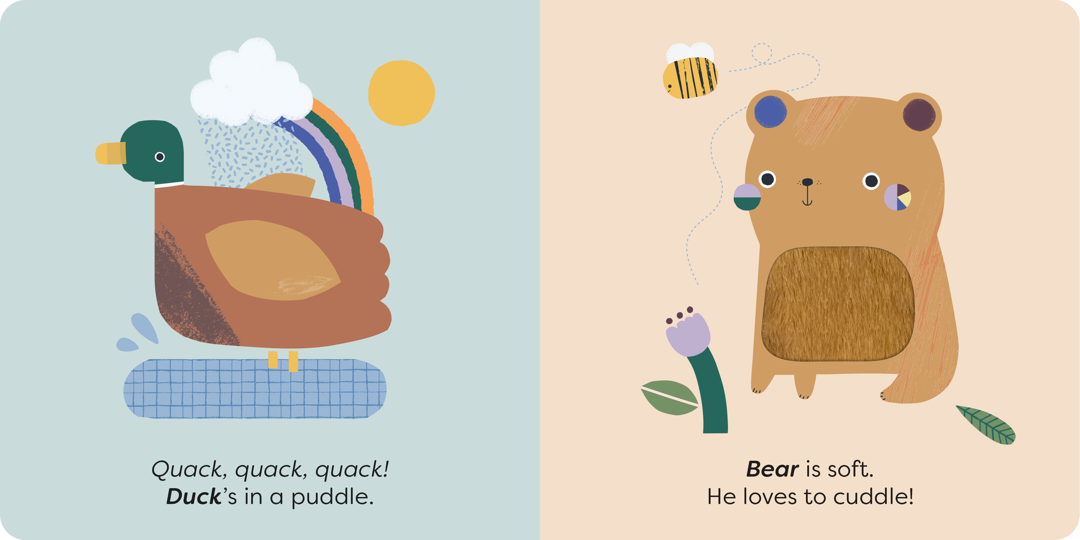 Illustration of a duck and a bear with text on a light blue background