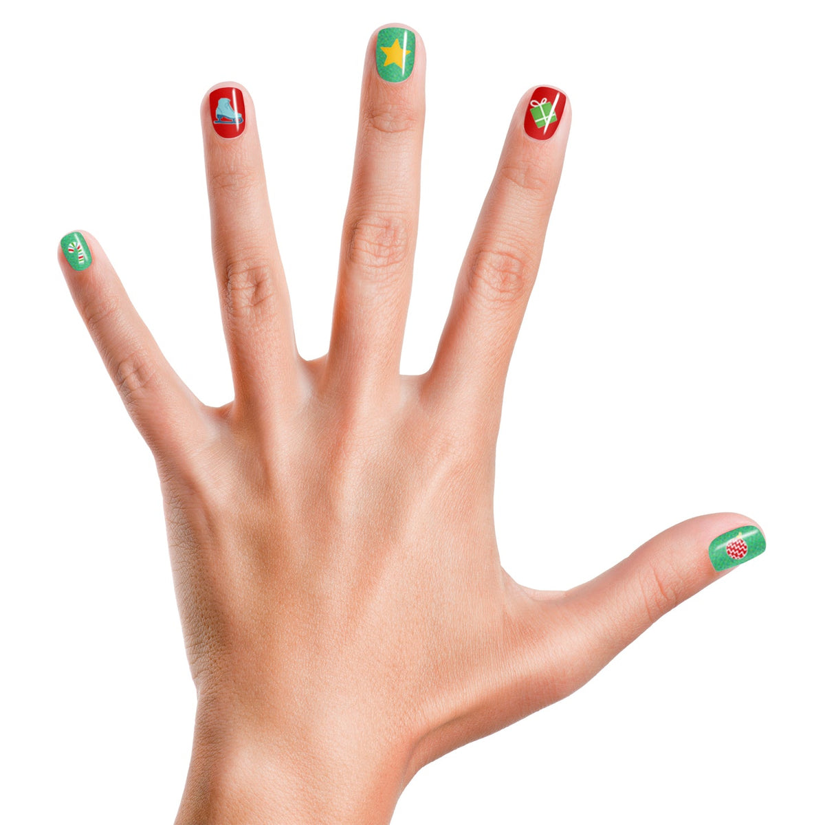 Hand with colorful nail art on a white background