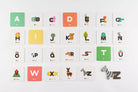 Alphabet cards with colorful letters and illustrations on a white background