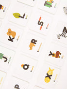 Alphabet flashcards with animal illustrations on a white background