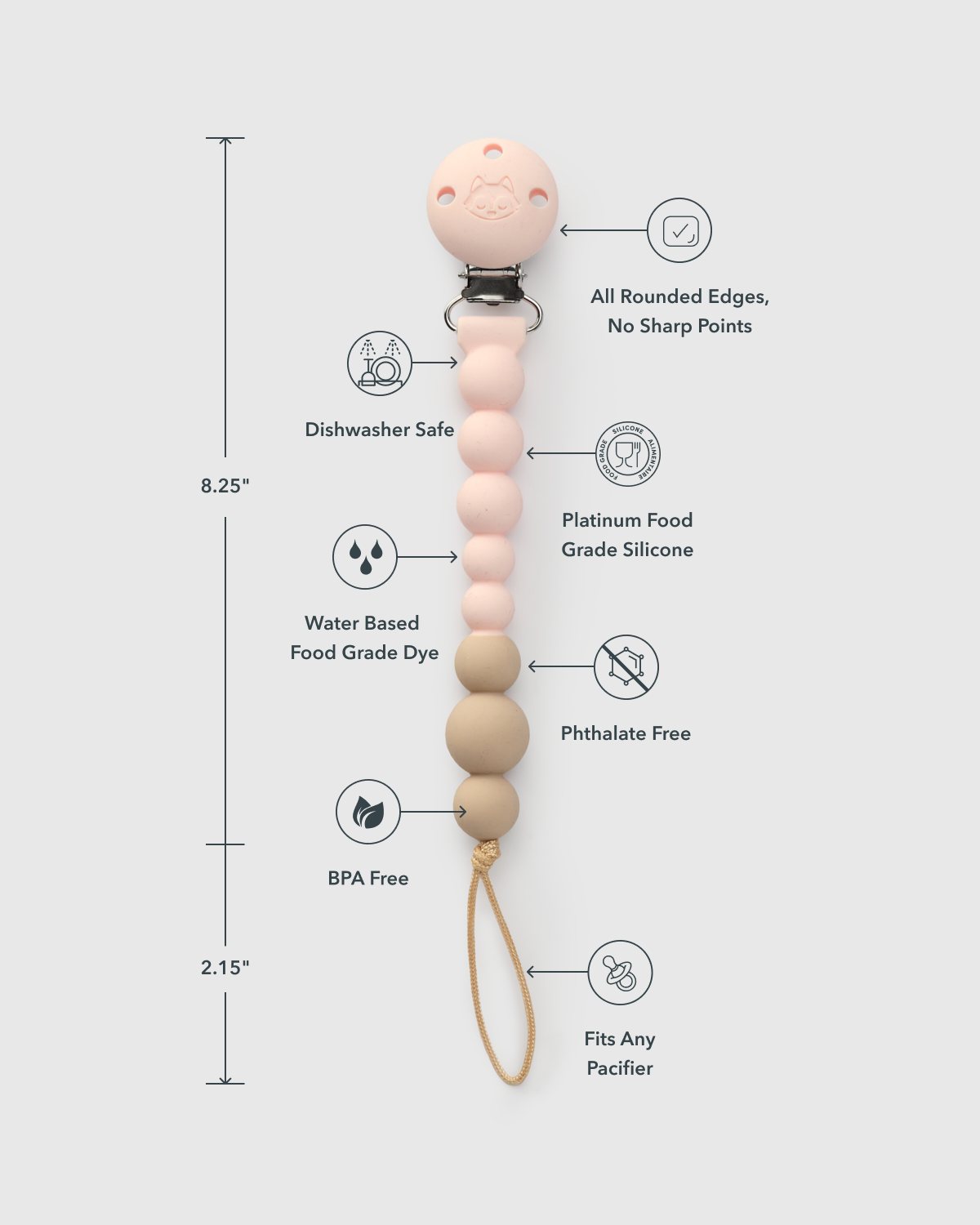 A silicone pacifier clip with a beaded handle, shown with dimension lines and feature callouts. The clip is silver metal, and the handle features a light pink top bead, pale pink beads, natural wood beads, and a tan loop.