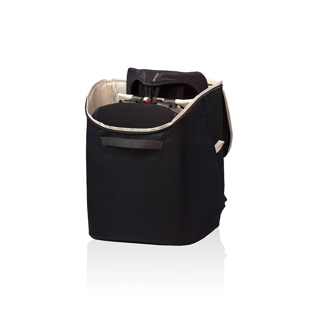 Black pet carrier with beige interior on a white background
