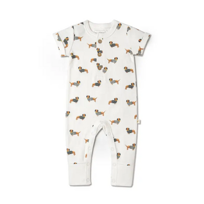 Organic Short Sleeve Button Romper - Dog by Makemake Organics