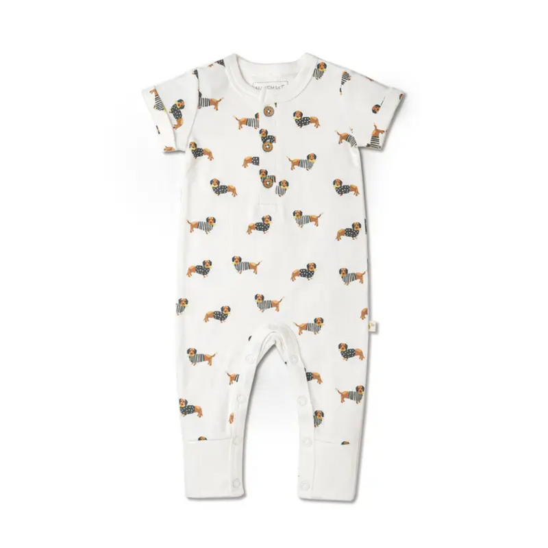 Organic Short Sleeve Button Romper - Dog by Makemake Organics