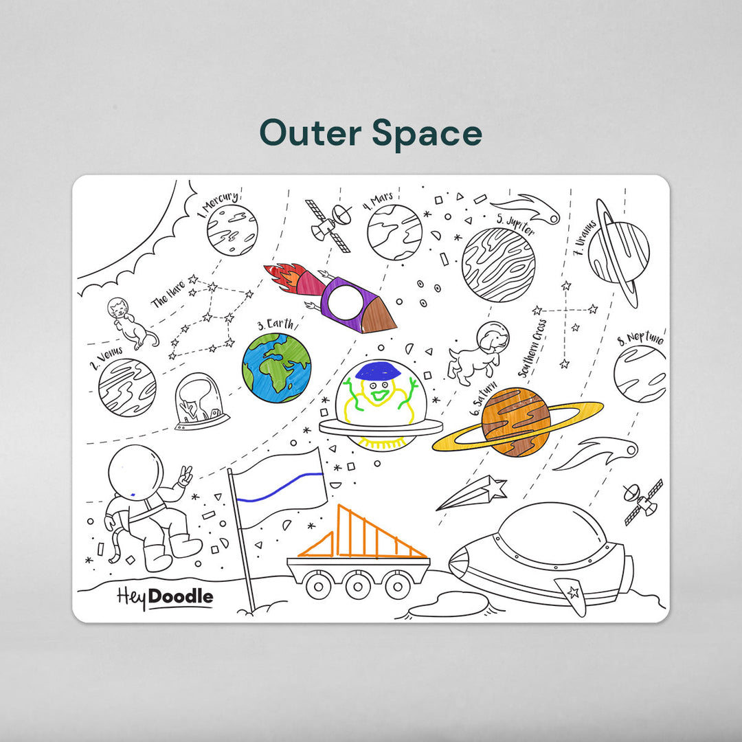 Coloring sheet titled 'Outer Space' with space-themed illustrations and text on a gray background.