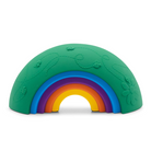 A green silicone arch-shaped toy with a raised rainbow design in the center, featuring embossed floral and leaf patterns on the top half, shown on a white background.