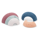 Set of colorful silicone teething toys on a white background