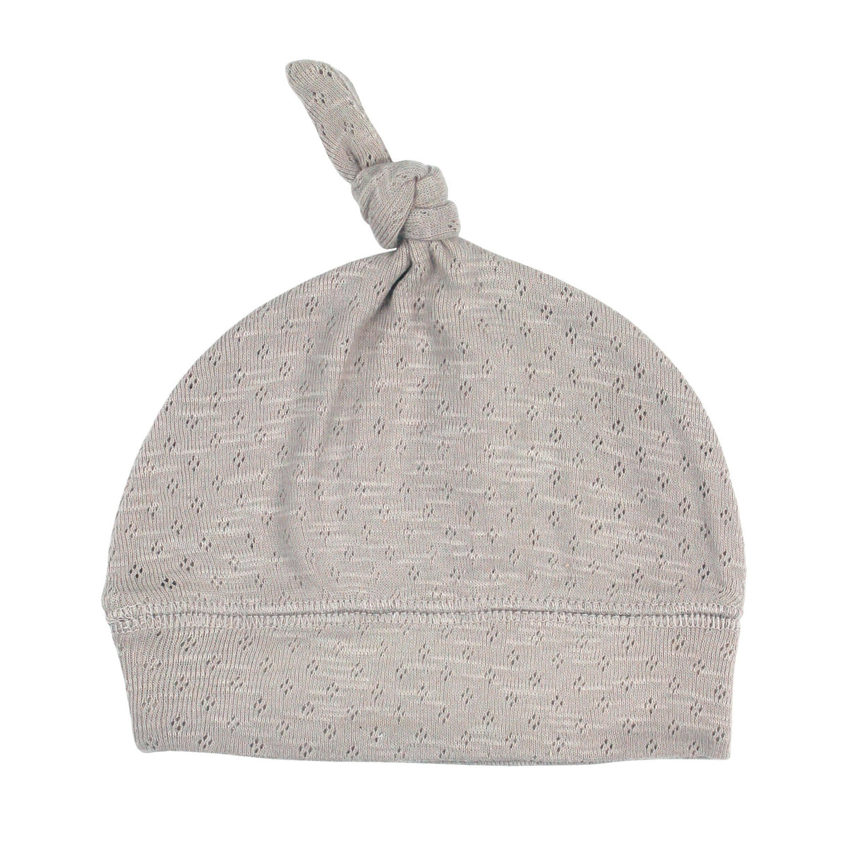 Gray baby hat with a knot on top against a white background