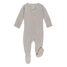Gray baby onesie with footies on a white background