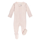 Pink baby onesie with a button on a white background