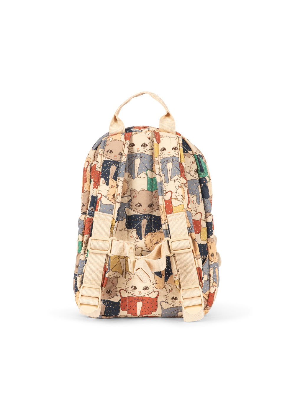 A small backpack with an all-over cartoon cat print in beige, cream, red, blue, and green, featuring light beige straps and a top handle, shown against a plain white background.