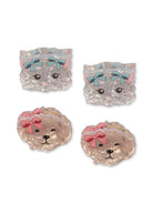 Four decorative animal-shaped items on a plain white background: two cat faces with light blue bows and two dog faces with pink bows. The items appear to be clear/translucent with pastel-colored details.
