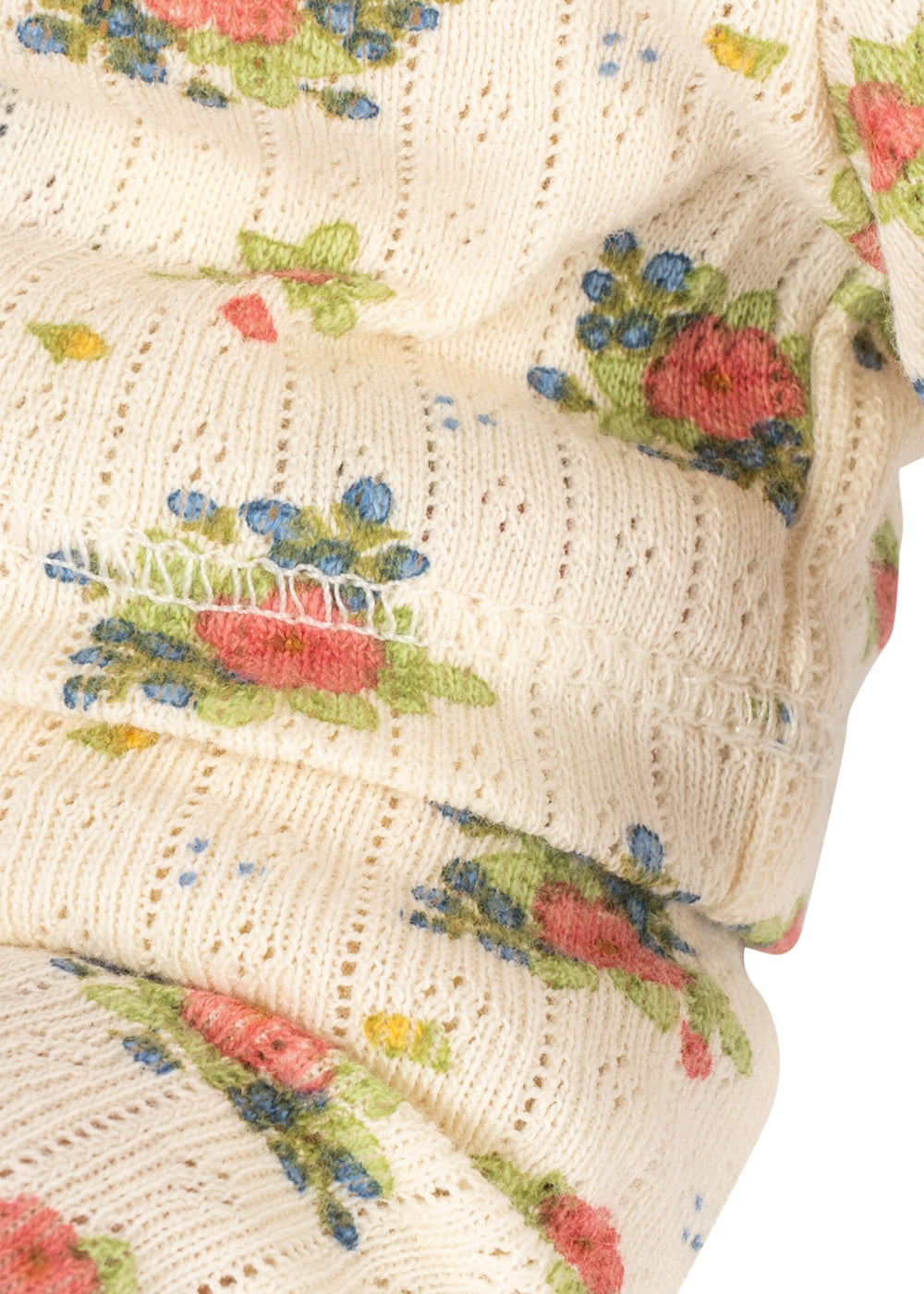 Close-up of a knitted fabric with floral patterns on a white background