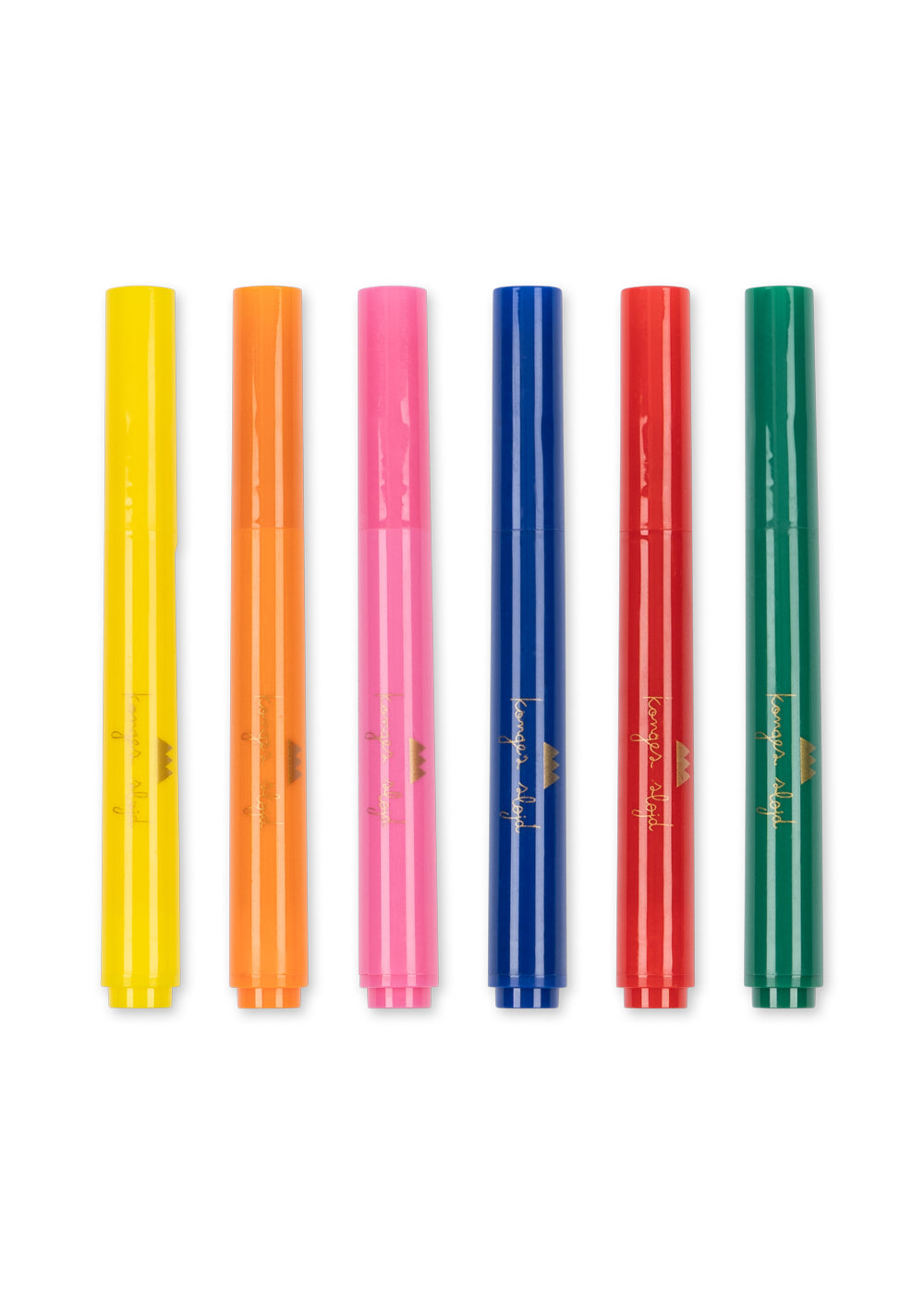 Set of six colorful markers on a white background