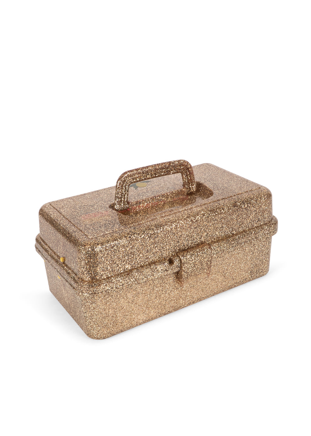 Gold glittery makeup case with a handle on a white background