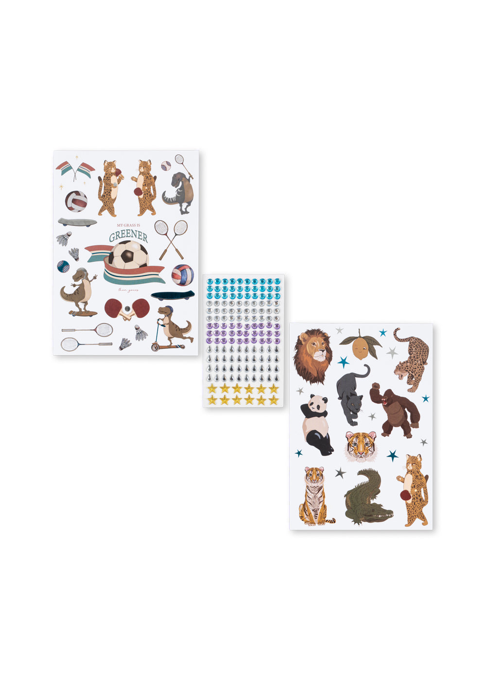 Three sheets of animal-themed temporary tattoos on a white background