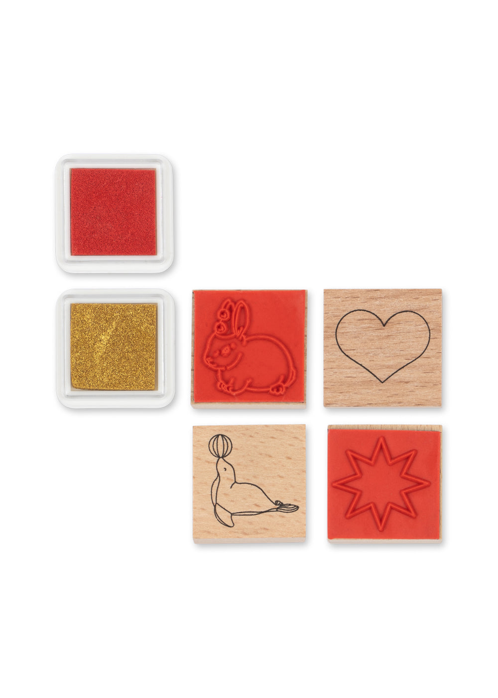 Set of six rubber stamps with various designs on a white background