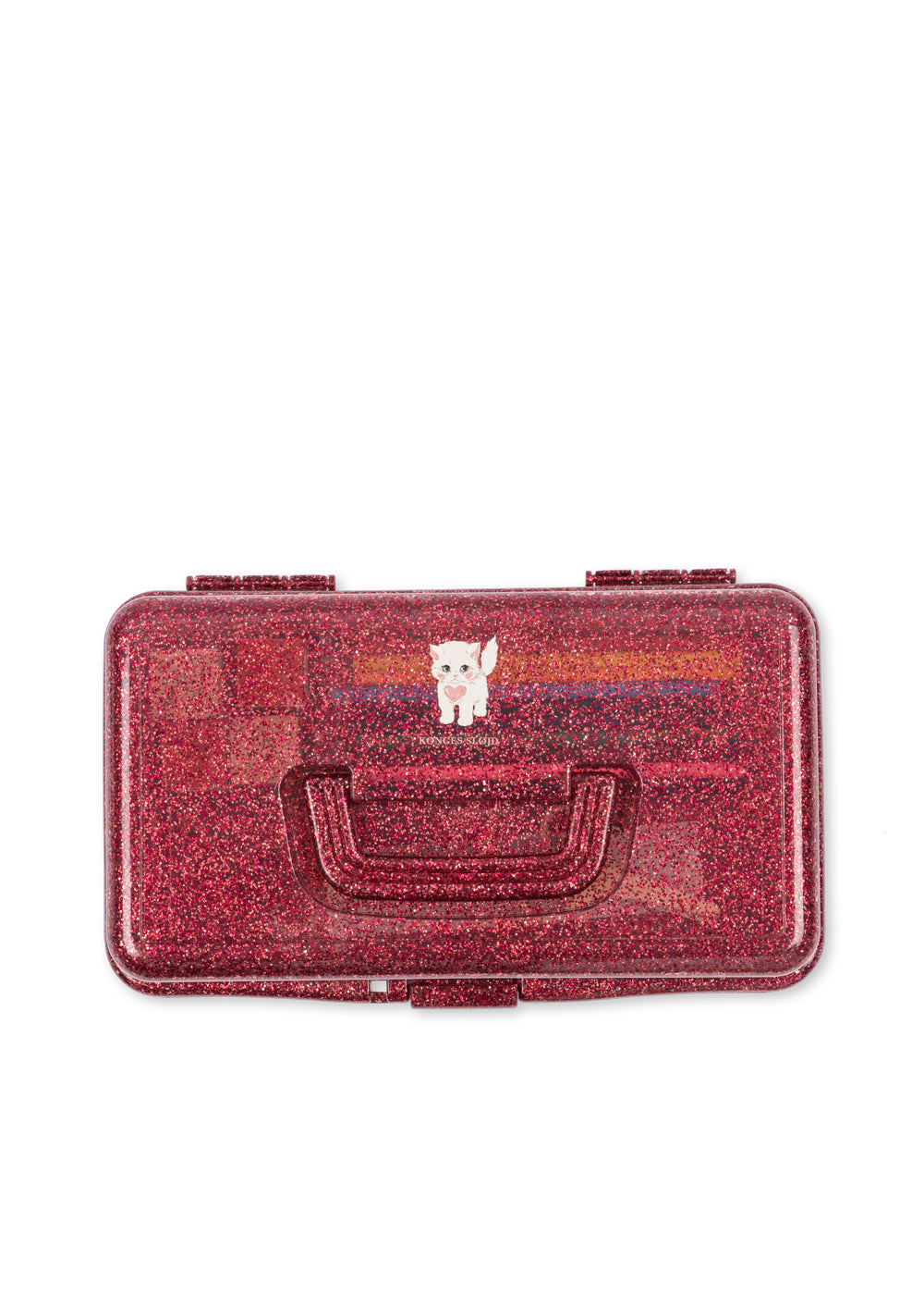 Red glittery makeup case with a small white cat illustration on a white background