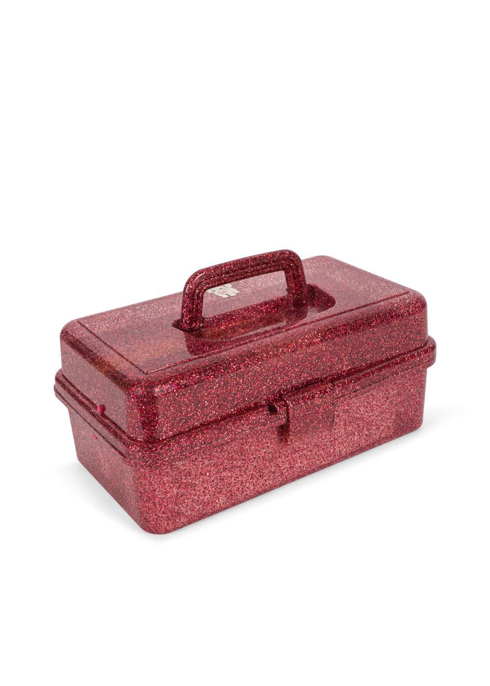Red glittery storage box with a handle on a white background