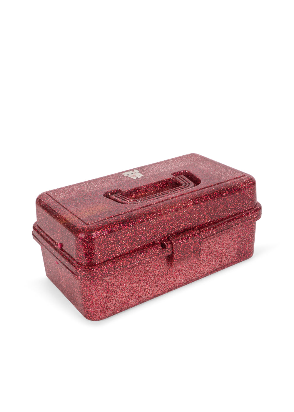Red glittery rectangular box with a handle on a white background
