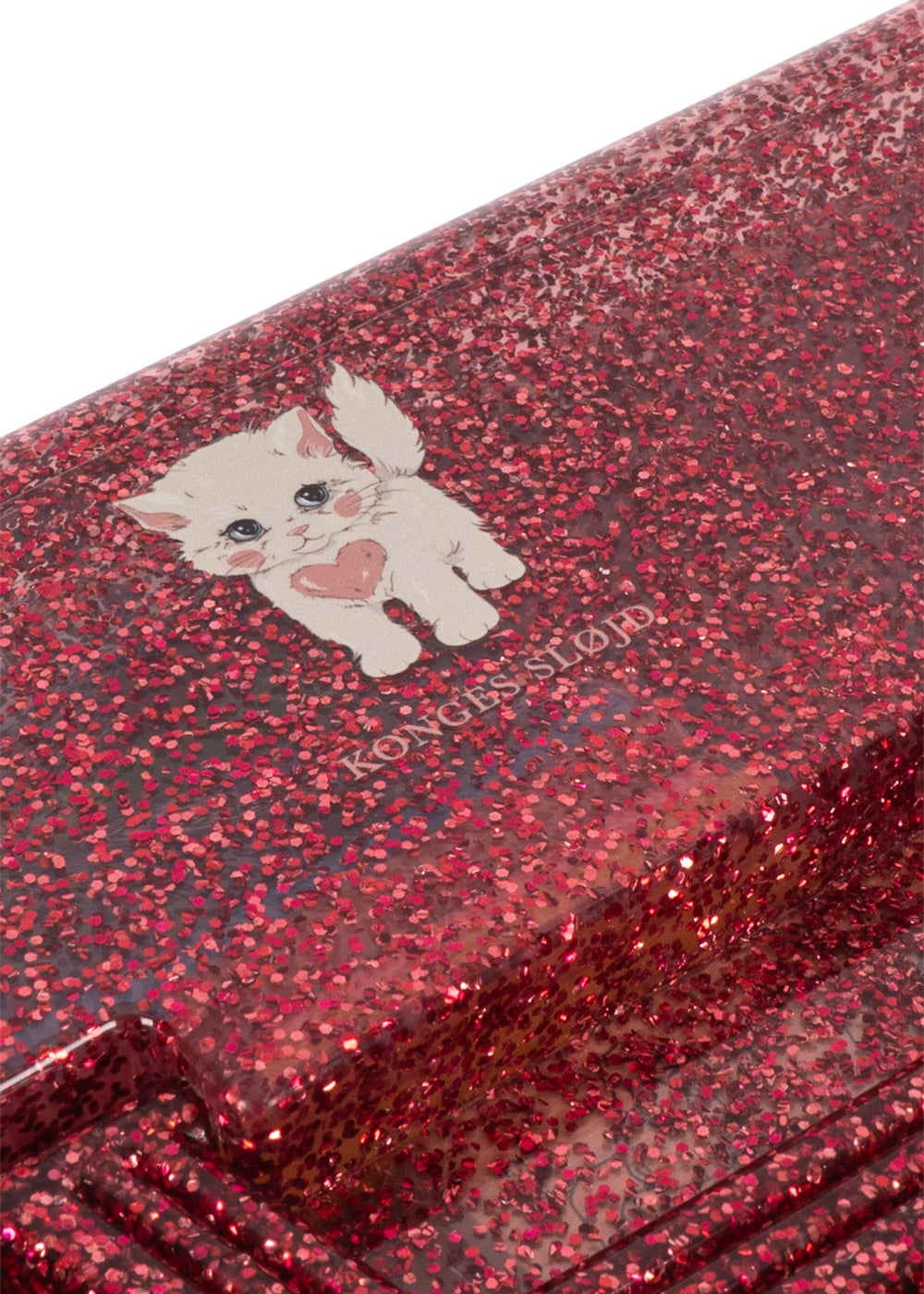 Glittery red phone case with a cat illustration and 'LOVE' text