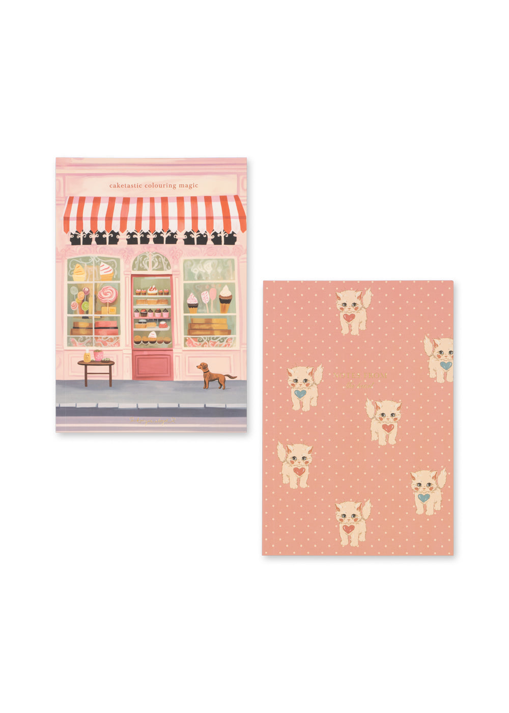 Notebook with a cute illustration of a bakery and another with small dog illustrations on a pink background.