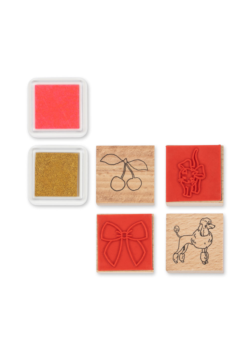 Set of six rubber stamps with various designs on a white background