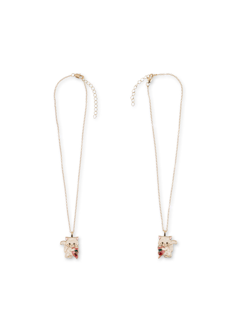 A pair of delicate silver-tone necklaces with white teddy bear pendants holding red hearts