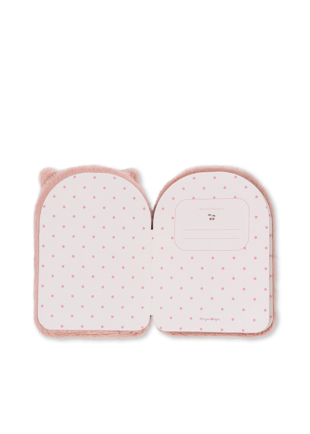 A light pink plush mouse pad with a white polka dot pattern, featuring small cat ears on the top left corner and a lined writing area on the right side, shown on a plain white background.