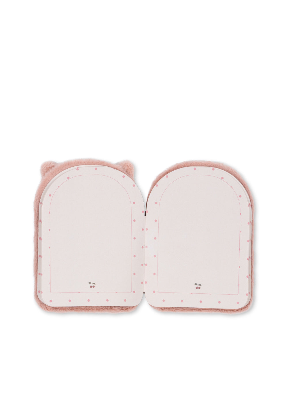 A pink plush notebook with cat ears on the cover, shown open against a solid white background.