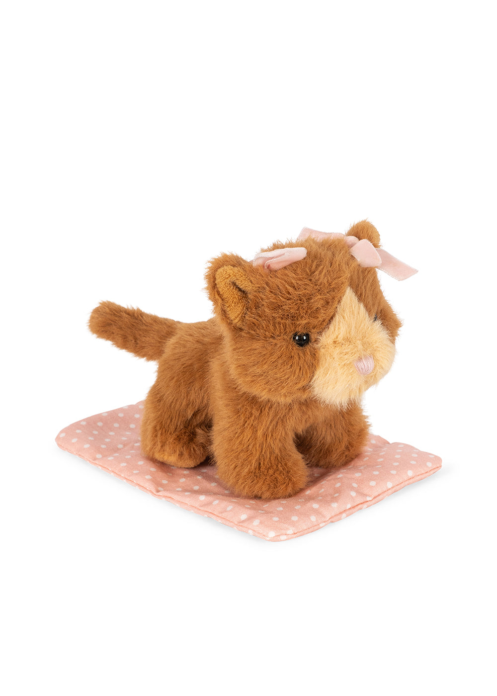Brown plush cat toy with a pink bow on a white background