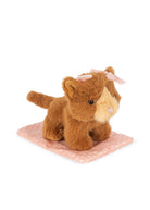 Brown plush cat toy with a pink bow on a white background