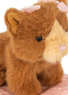 A close-up of a plush stuffed animal with fluffy brown fur, a cream-colored snout and face, small pink ears, and a pink nose, photographed against a white background.
