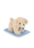 Plush dog toy on a blue polka dot mat with a white background