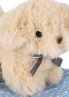 Close-up of a beige plush teddy bear with a gray ribbon bow, sitting on a blue polka-dot fabric surface against a white background.