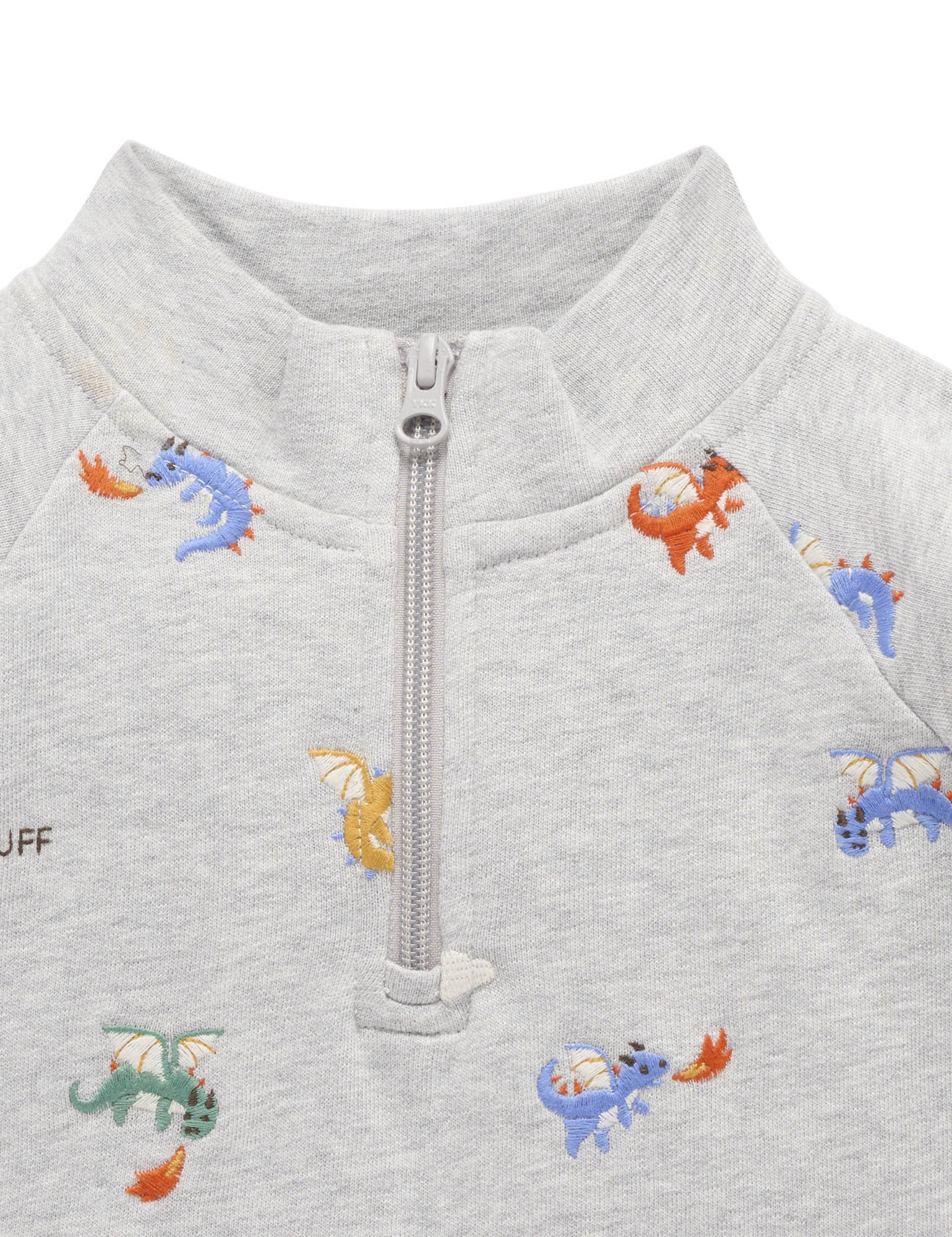 Gray children's jacket with colorful dinosaur patterns and a zipper on a white background