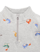 Gray children's jacket with colorful dinosaur patterns and a zipper on a white background