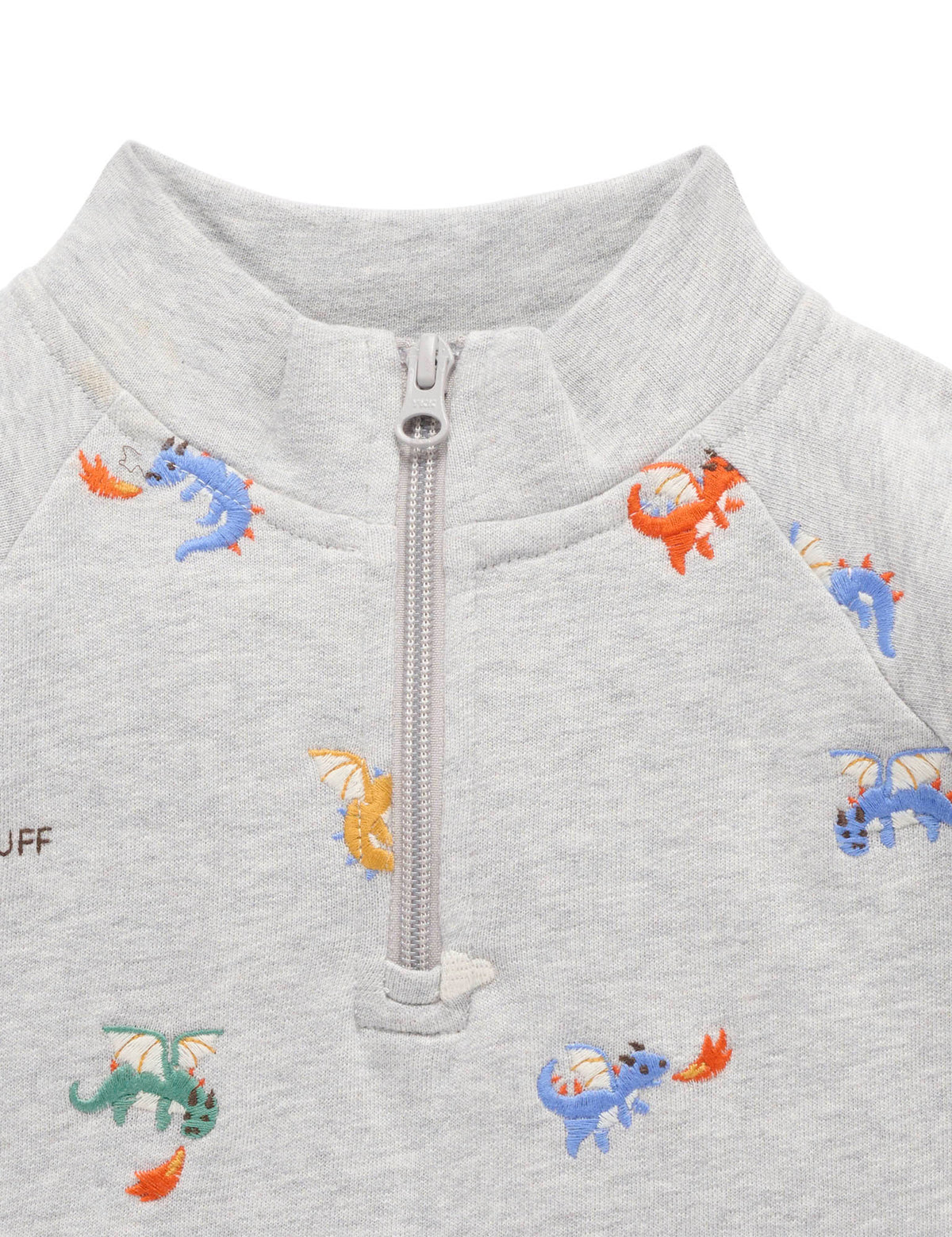 Gray children's jacket with colorful dinosaur patterns and a zipper on a white background