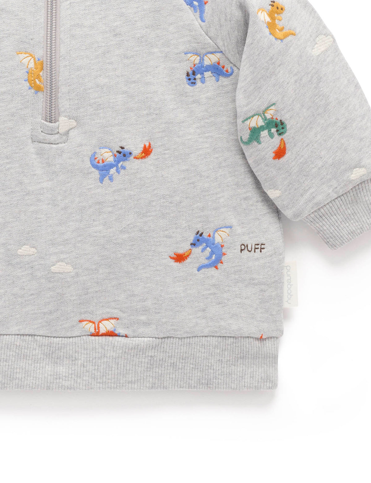 Gray hoodie with embroidered animal designs on a white background