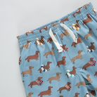Blue boxer briefs with dachshund dog pattern on a light gray background