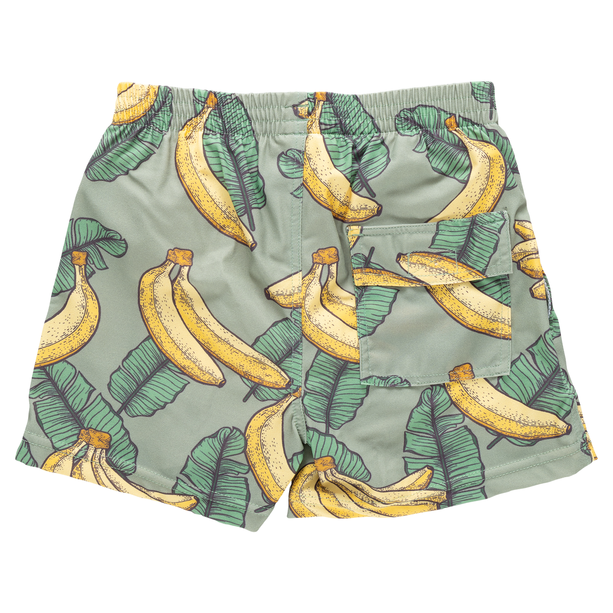 Green shorts with banana and leaf pattern on a white background