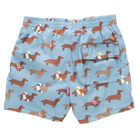 Blue swim shorts with dachshund pattern on a white background