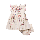 A baby girl's two-piece outfit set consisting of a tiered cream dress with a colorful crayon print and matching bloomers.