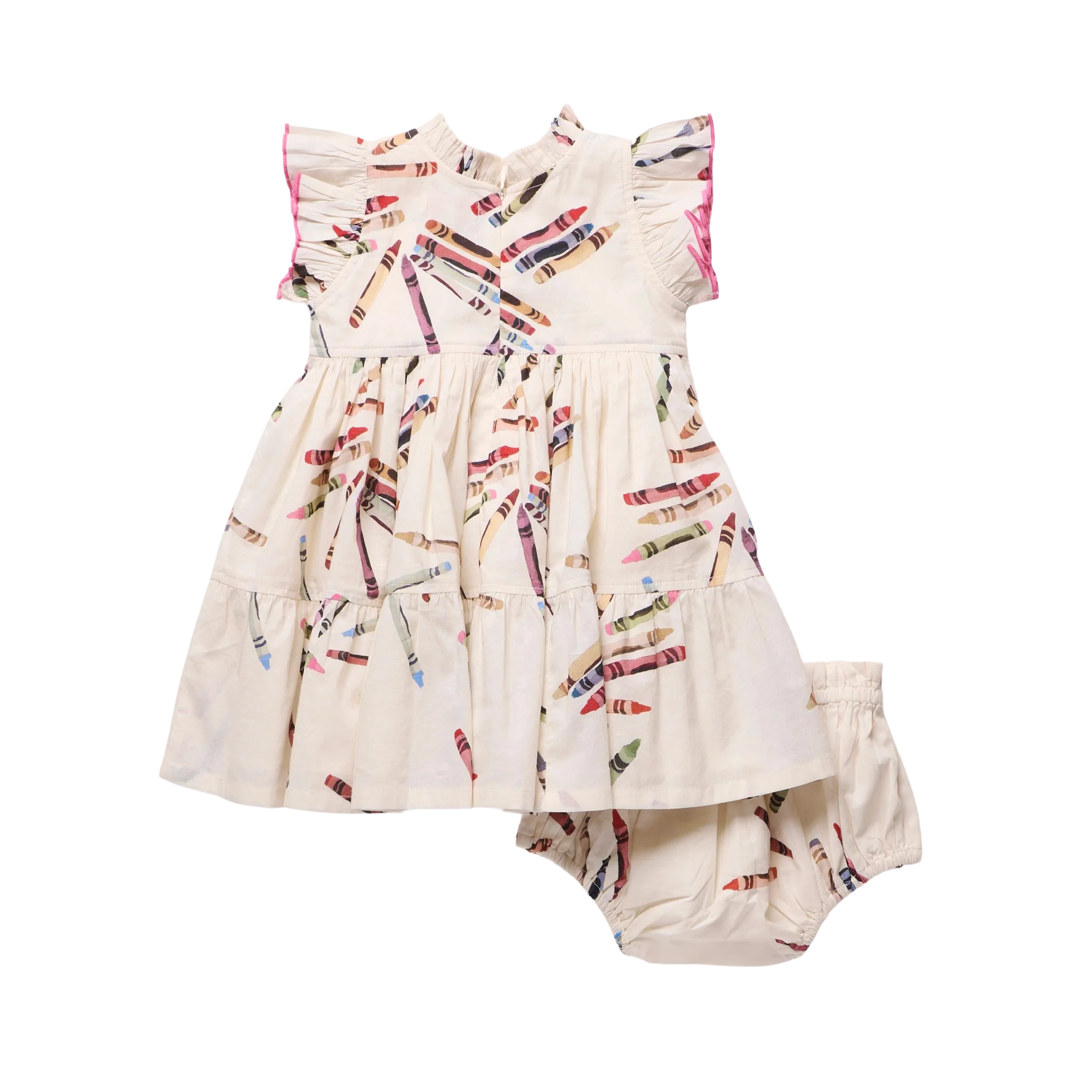 A baby girl's two-piece outfit set consisting of a tiered cream dress with a colorful crayon print and matching bloomers.