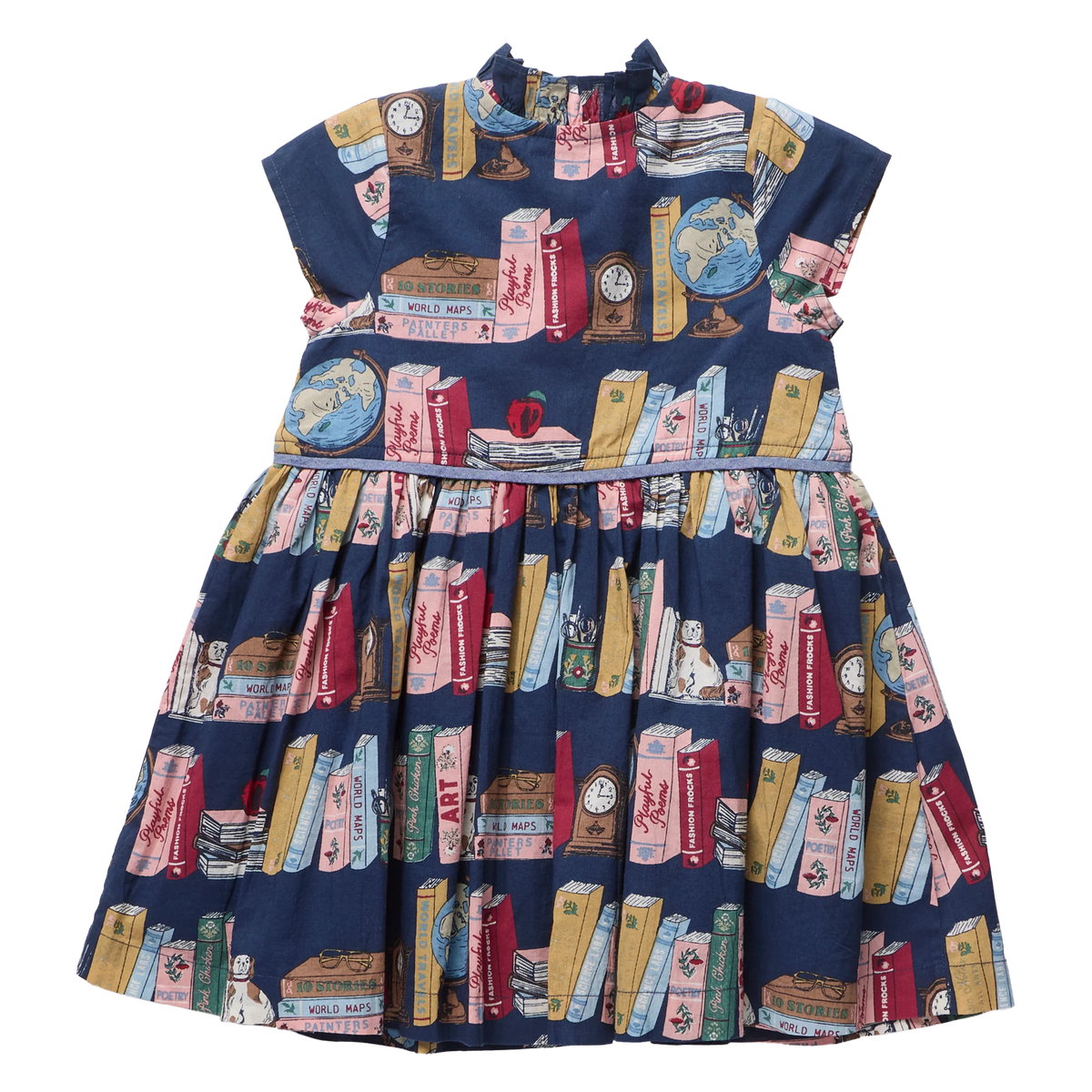 A sleeveless navy blue dress with a high gathered neckline and a full skirt, featuring an all-over print of vintage book spines, globes, clocks, and small illustrated objects in pink, red, yellow, and cream tones.