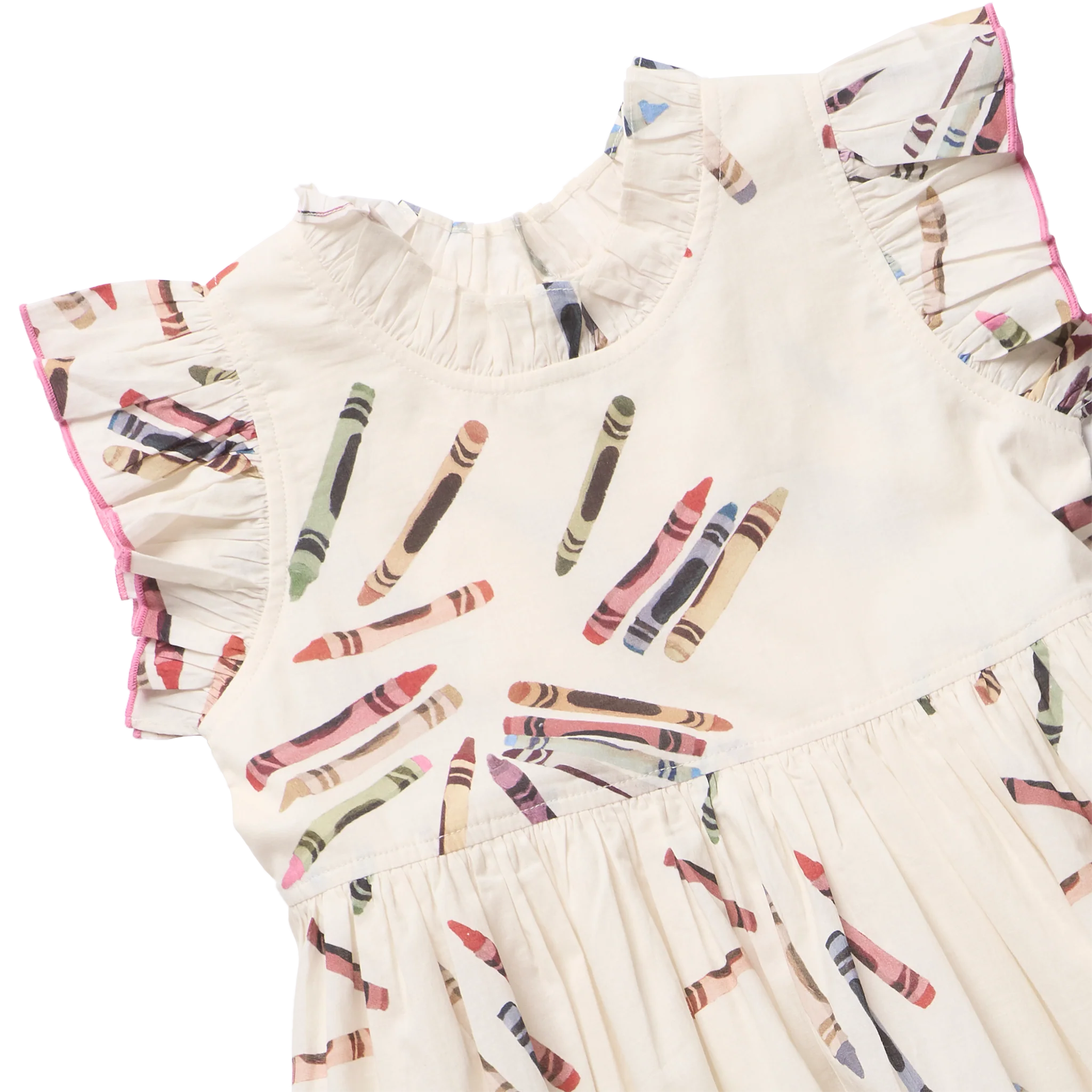 A close-up of a cream-colored children's dress with a colorful crayon print and ruffled sleeves, shown on a plain white background.