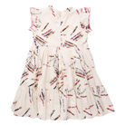 A sleeveless tiered dress for toddlers or girls, featuring an off-white/cream base with a colorful crayon print and pink ruffled trim along the shoulders.