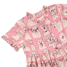Pink short-sleeve dress with a dog print pattern, featuring ruffled trim at the neckline and a buttoned front, shown on a white background.